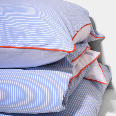 COTTON PERCALE stripe pillow case Blue stripe Orange piping