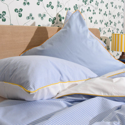 COTTON PERCALE stripe bedding Blue stripe Yellow piping