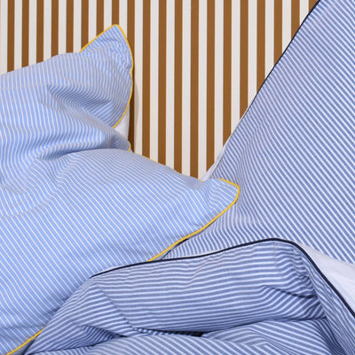 COTTON PERCALE duvet cover set, Navy stripe with blue piping