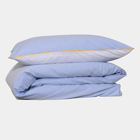 Cotton percale Bedding set - Blue stripe Yellow piping